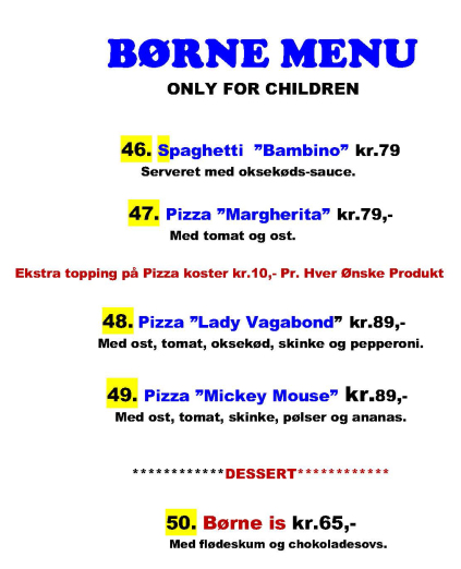 Børnemenu Ristorant-Roma faaborg