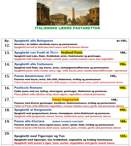 Pastaretter  2025 Menukort Ristorant-Roma faaborg