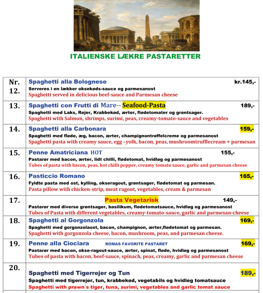 Pastaretter 2025 Menukort Ristorant-Roma faaborg
